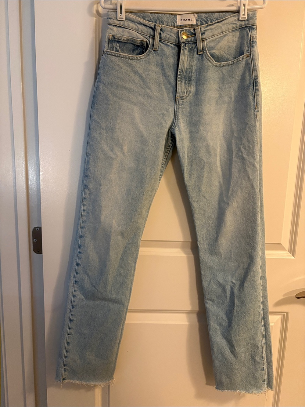 Frame Denim Light Blue Straight-Leg Jeans with Raw Hem